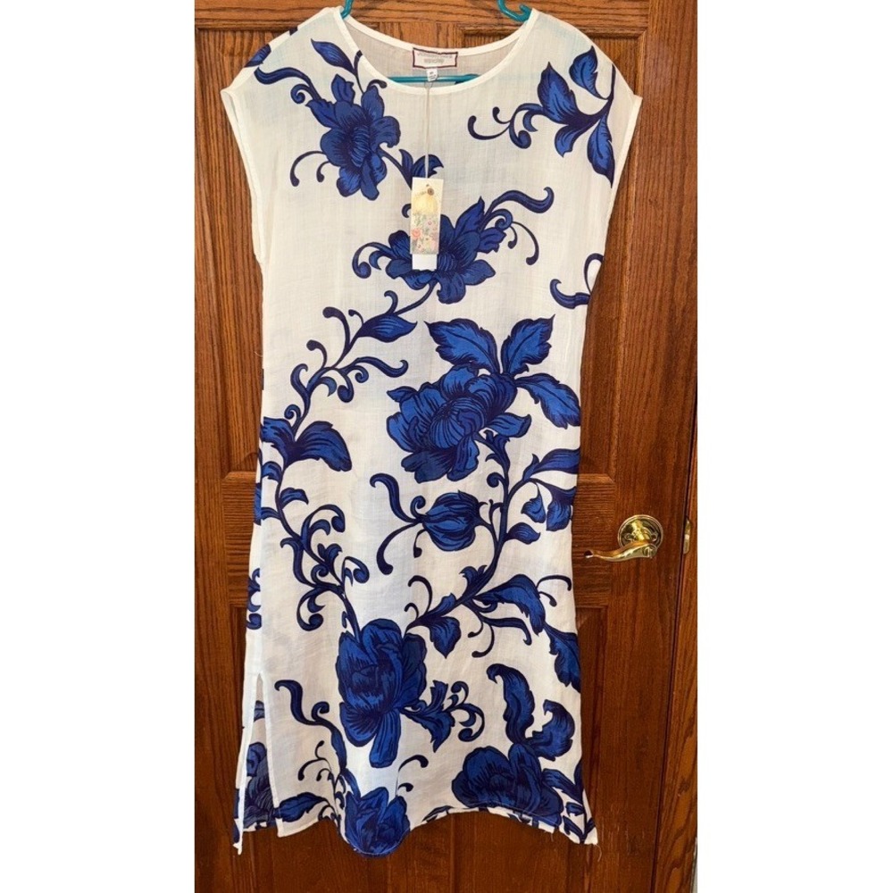 NWT Johnny Was Camilla shift Dress XS White Blue floral Side Slit $295 Ramie